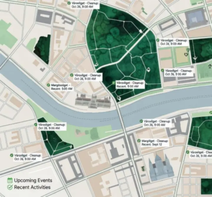 Rajzolt, színes Budapest térkép, amely kiemeli azokat a parkokat, ahol a Help Community Hub önkéntes eseményeket szervez.