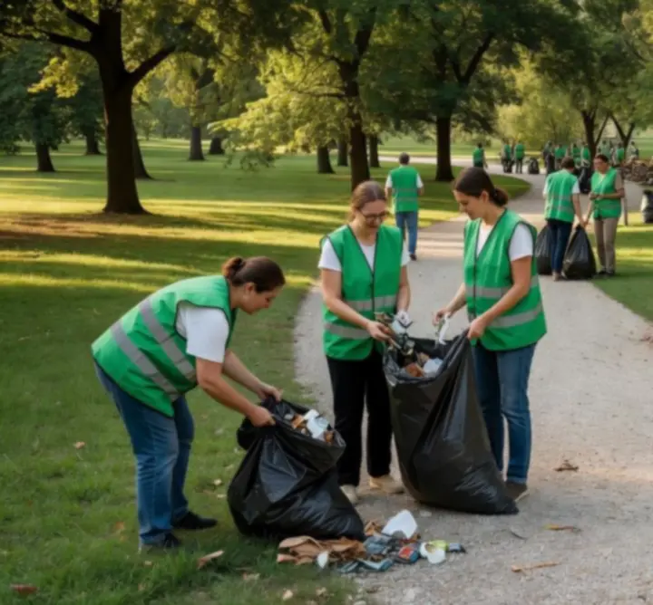 Önkéntesek csoportja szemeteszsákokkal egy megtisztított parkban