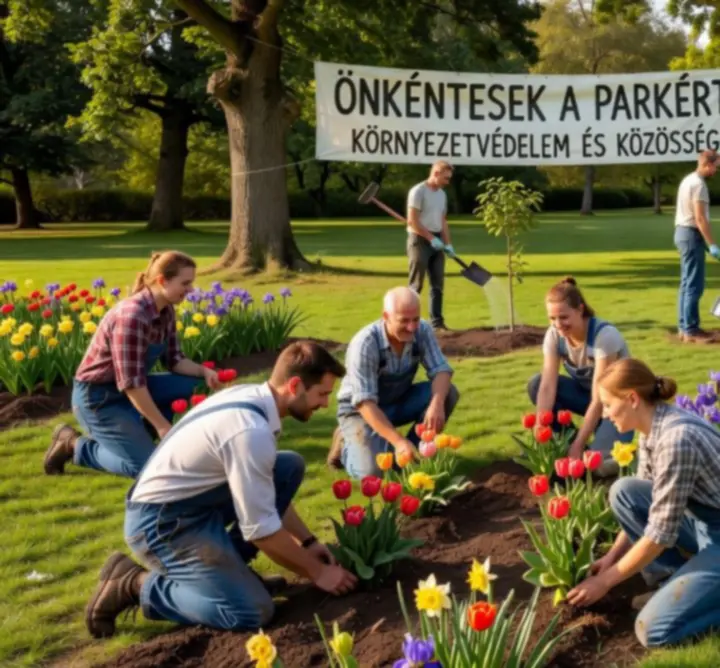 Önkéntesek nevetve dolgoznak egy park zöldterületének rendezésén.