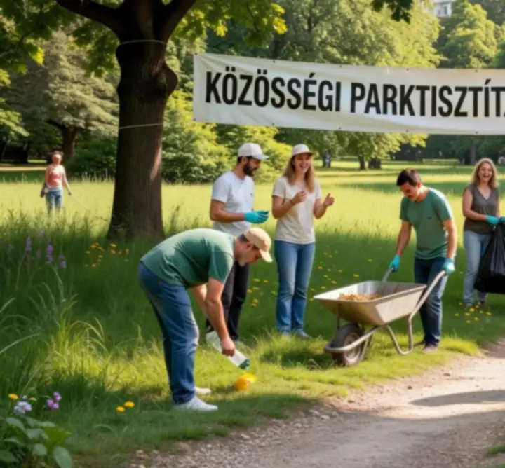 Önkéntesek csoportja szemétszedés közben egy zöld városi parkban