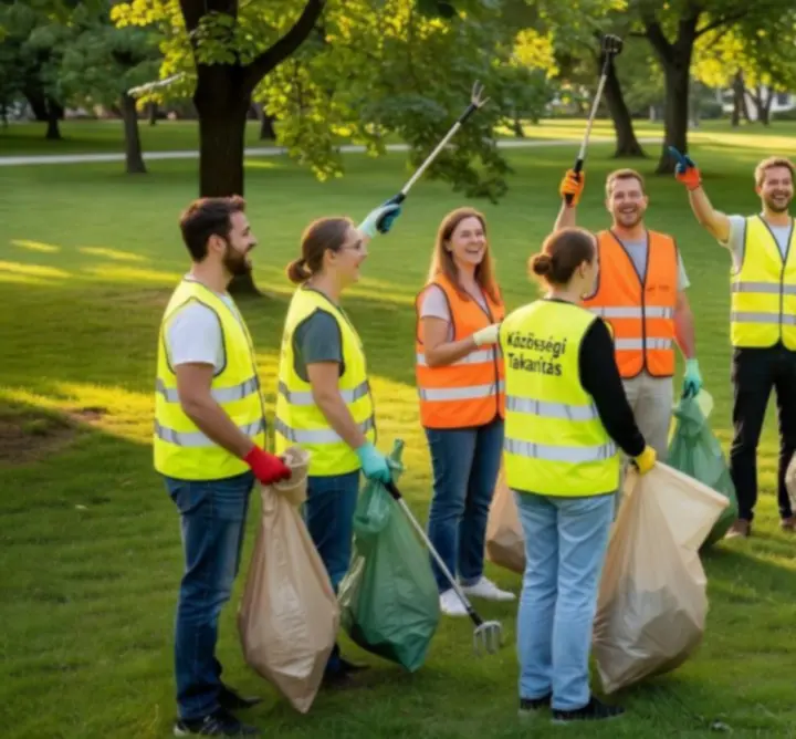 Önkéntesek csoportja park takarítása közben