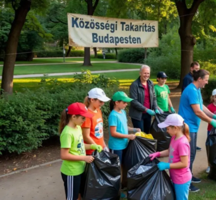 Mosolygó önkéntesek közös fotója egy sikeres budapesti park-tisztító akció után.