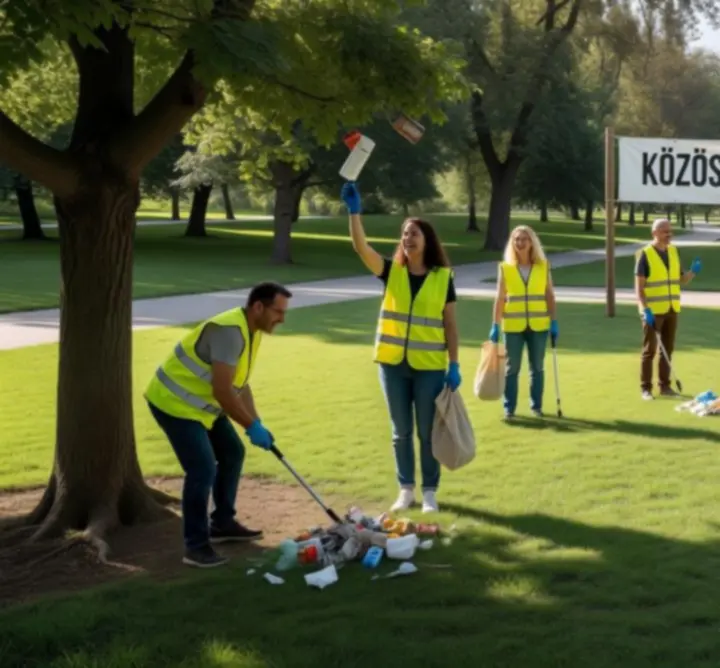 Önkéntesek szemétszedést végeznek egy fákkal övezett budapesti parkban.